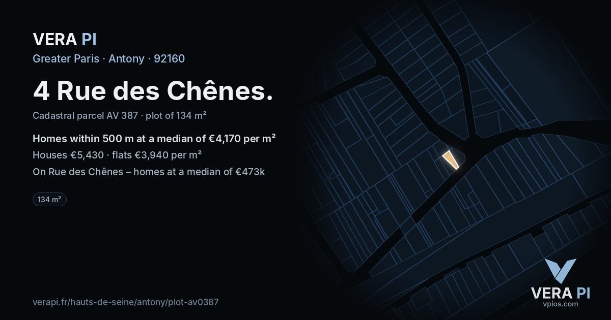 4 Rue des Chênes, Antony at night – the plot lit, the parcels around coloured by the prices near them
