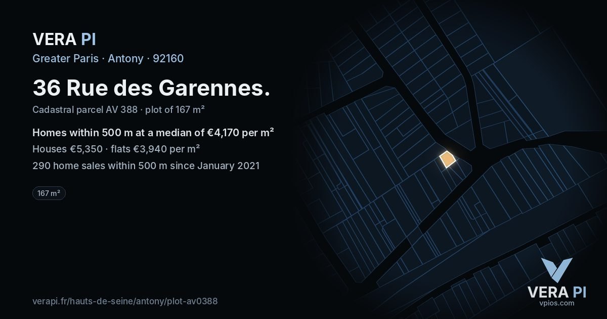 36 Rue des Garennes, Antony at night – the plot lit, the parcels around coloured by the prices near them