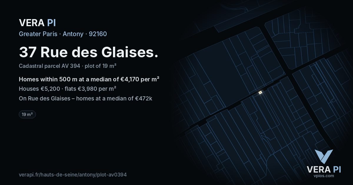 37 Rue des Glaises, Antony at night – the plot lit, the parcels around coloured by the prices near them