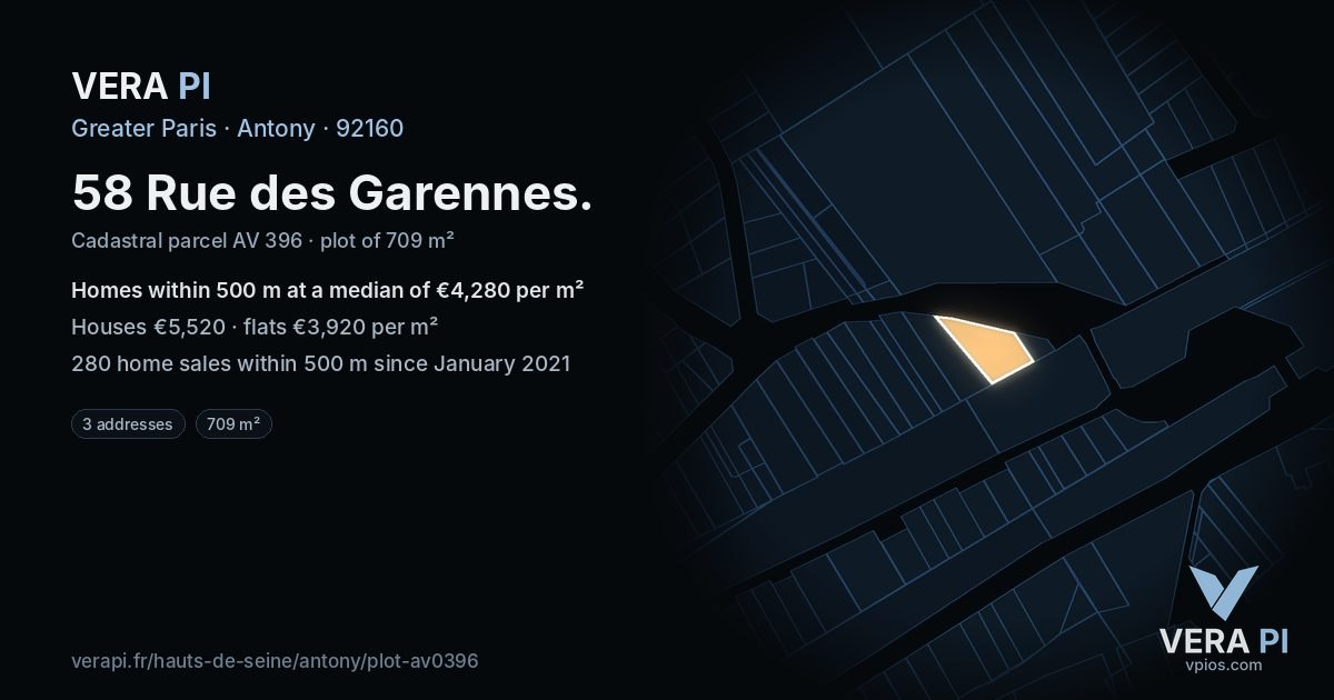 58 Rue des Garennes, Antony at night – the plot lit, the parcels around coloured by the prices near them