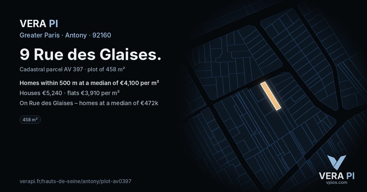 9 Rue des Glaises, Antony at night – the plot lit, the parcels around coloured by the prices near them