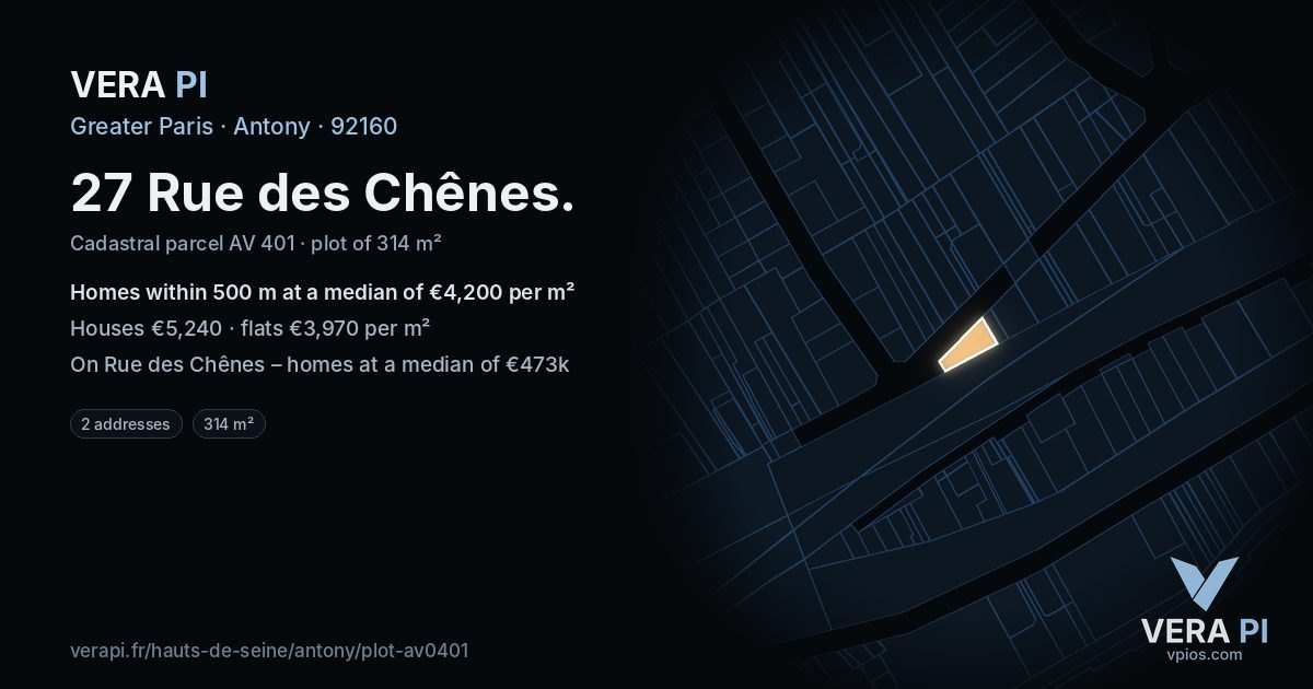 27 Rue des Chênes, Antony at night – the plot lit, the parcels around coloured by the prices near them