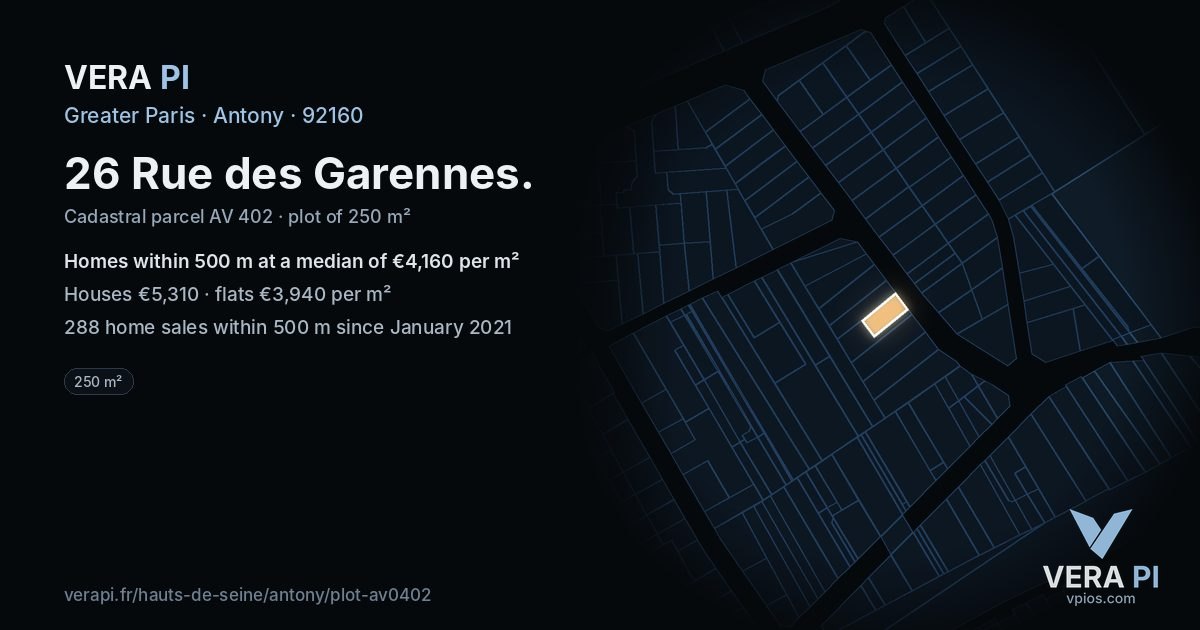26 Rue des Garennes, Antony at night – the plot lit, the parcels around coloured by the prices near them