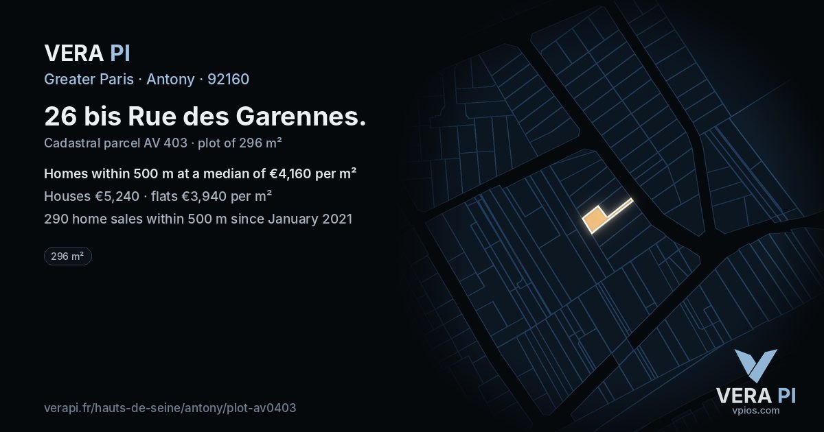 26 bis Rue des Garennes, Antony at night – the plot lit, the parcels around coloured by the prices near them