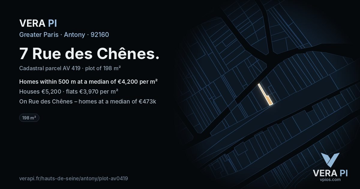7 Rue des Chênes, Antony at night – the plot lit, the parcels around coloured by the prices near them