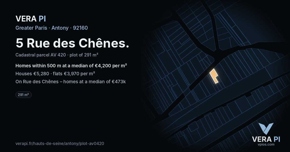5 Rue des Chênes, Antony at night – the plot lit, the parcels around coloured by the prices near them