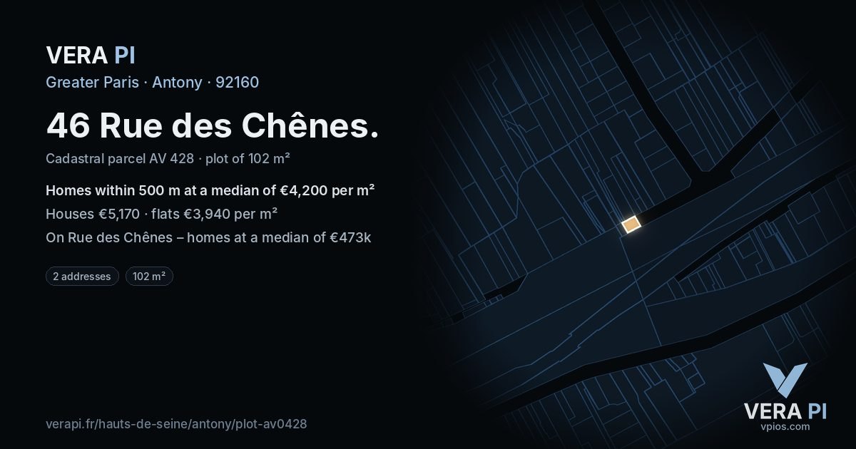 46 Rue des Chênes, Antony at night – the plot lit, the parcels around coloured by the prices near them