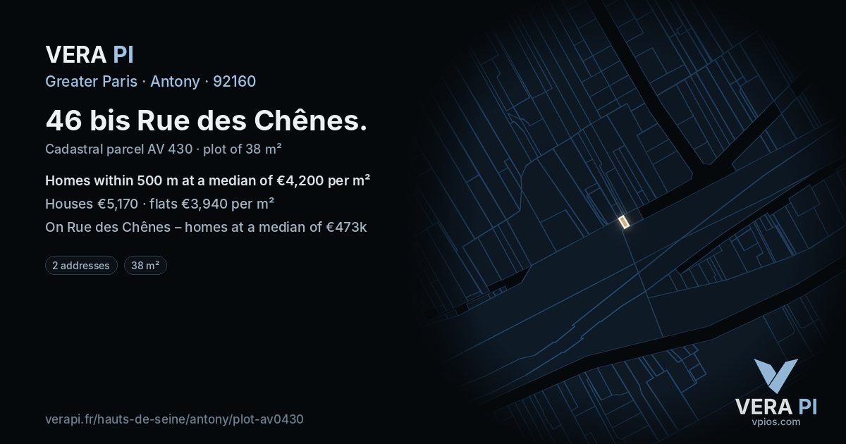 46 bis Rue des Chênes, Antony at night – the plot lit, the parcels around coloured by the prices near them