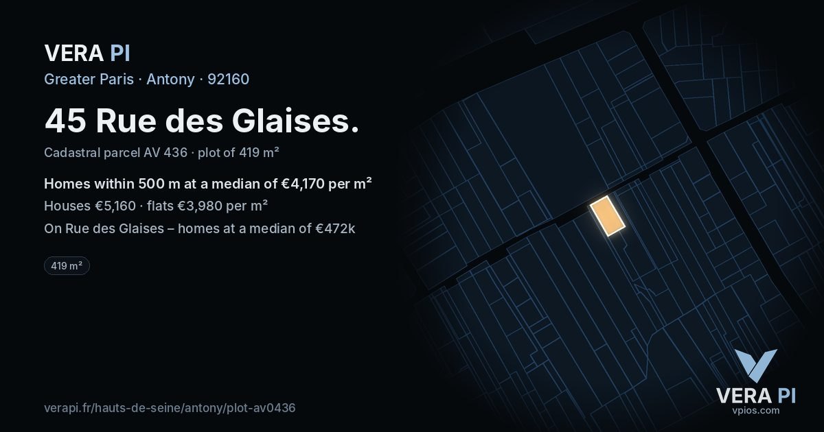 45 Rue des Glaises, Antony at night – the plot lit, the parcels around coloured by the prices near them