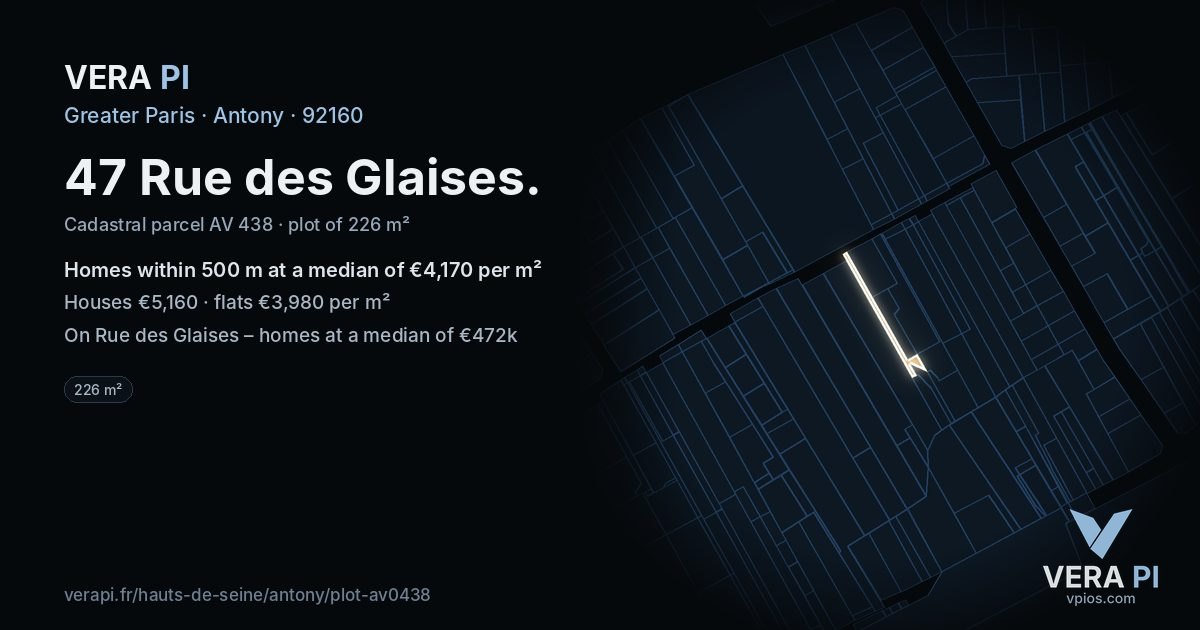 47 Rue des Glaises, Antony at night – the plot lit, the parcels around coloured by the prices near them