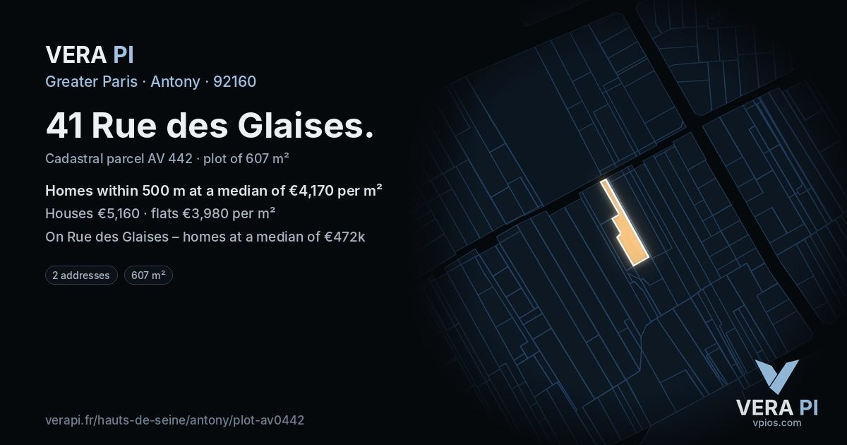 41 Rue des Glaises, Antony at night – the plot lit, the parcels around coloured by the prices near them