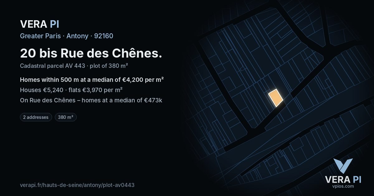 20 bis Rue des Chênes, Antony at night – the plot lit, the parcels around coloured by the prices near them
