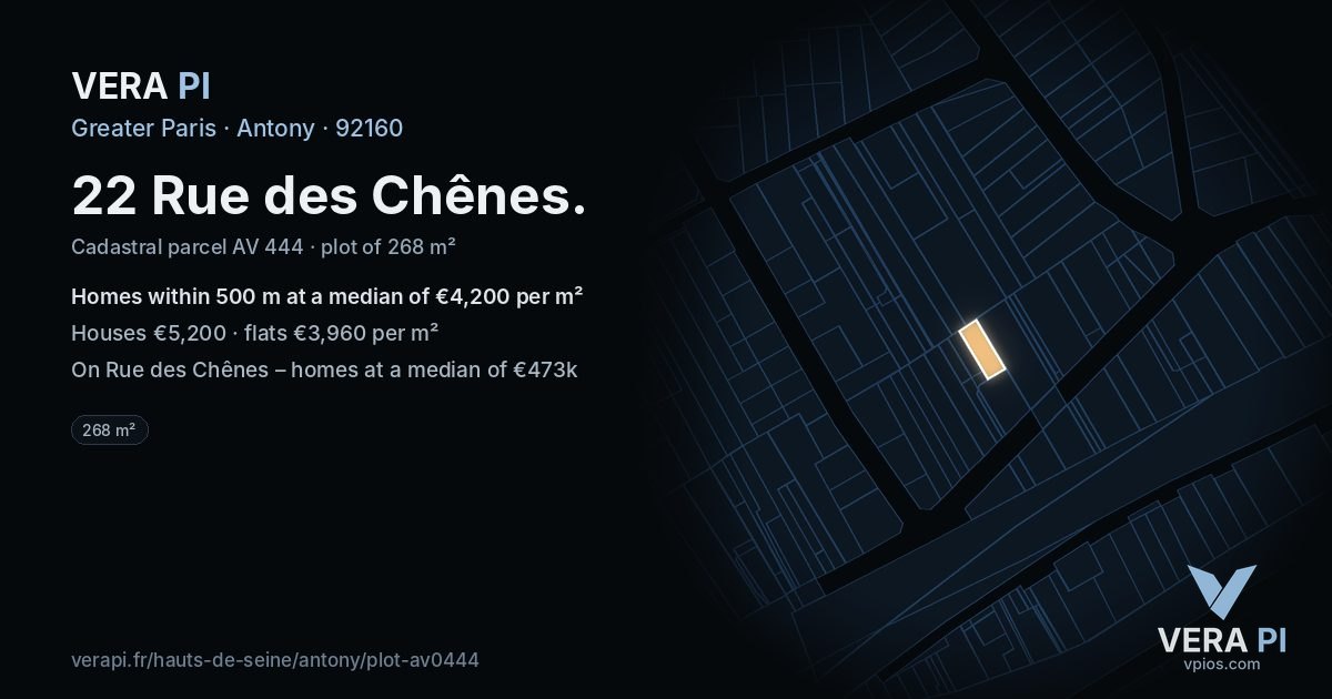 22 Rue des Chênes, Antony at night – the plot lit, the parcels around coloured by the prices near them