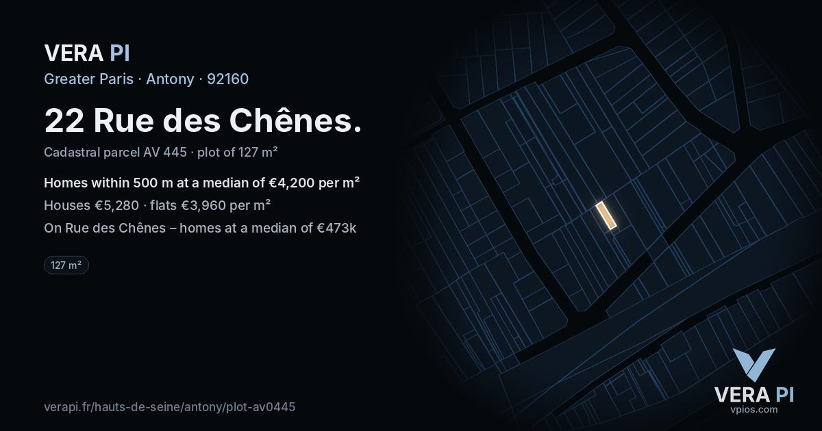 22 Rue des Chênes, Antony at night – the plot lit, the parcels around coloured by the prices near them