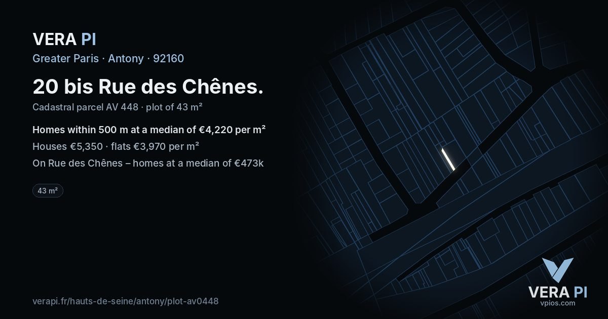 20 bis Rue des Chênes, Antony at night – the plot lit, the parcels around coloured by the prices near them