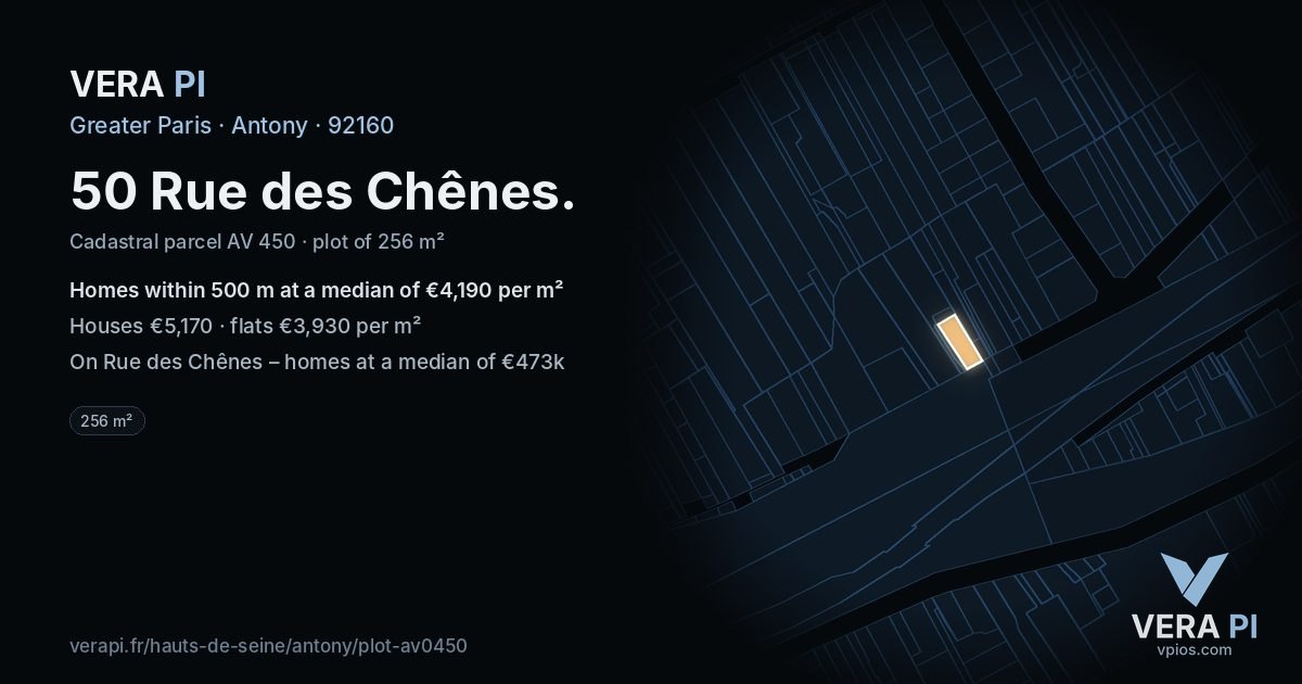 50 Rue des Chênes, Antony at night – the plot lit, the parcels around coloured by the prices near them