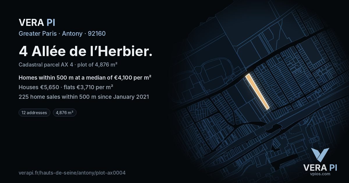 4 Allée de l’Herbier, Antony at night – the plot lit, the parcels around coloured by the prices near them