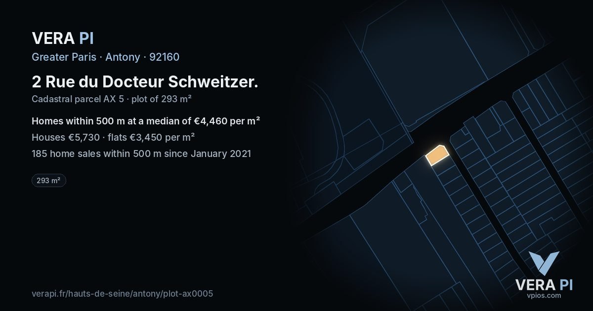 2 Rue du Docteur Schweitzer, Antony at night – the plot lit, the parcels around coloured by the prices near them