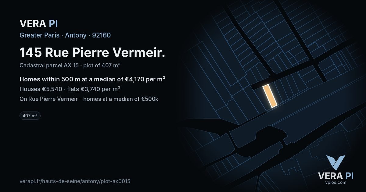 145 Rue Pierre Vermeir, Antony at night – the plot lit, the parcels around coloured by the prices near them