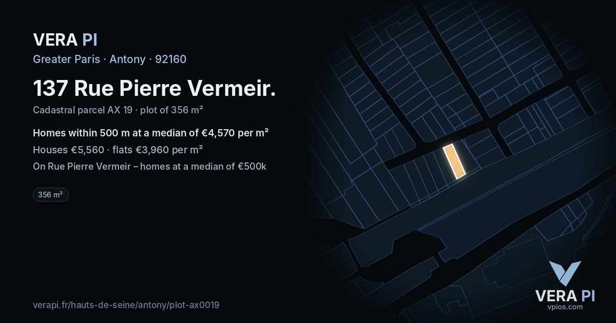 137 Rue Pierre Vermeir, Antony at night – the plot lit, the parcels around coloured by the prices near them