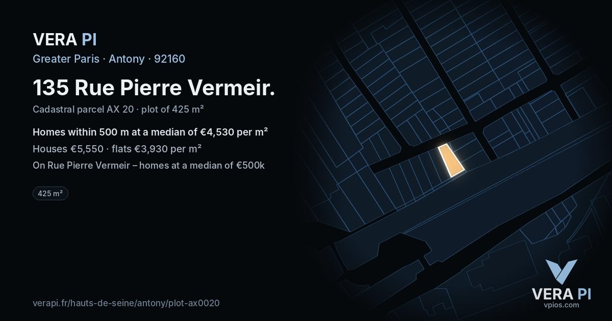 135 Rue Pierre Vermeir, Antony at night – the plot lit, the parcels around coloured by the prices near them