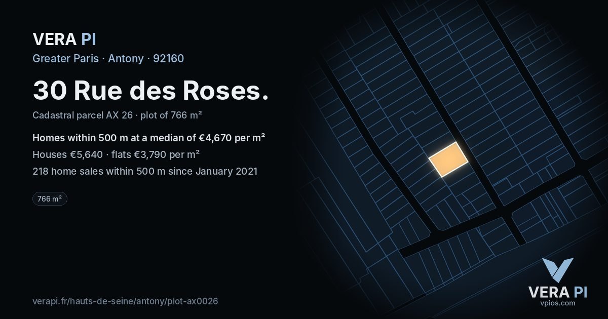30 Rue des Roses, Antony at night – the plot lit, the parcels around coloured by the prices near them