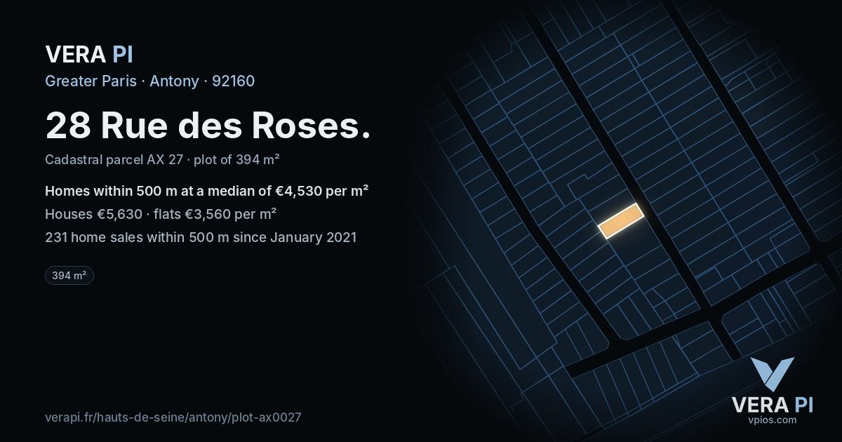 28 Rue des Roses, Antony at night – the plot lit, the parcels around coloured by the prices near them