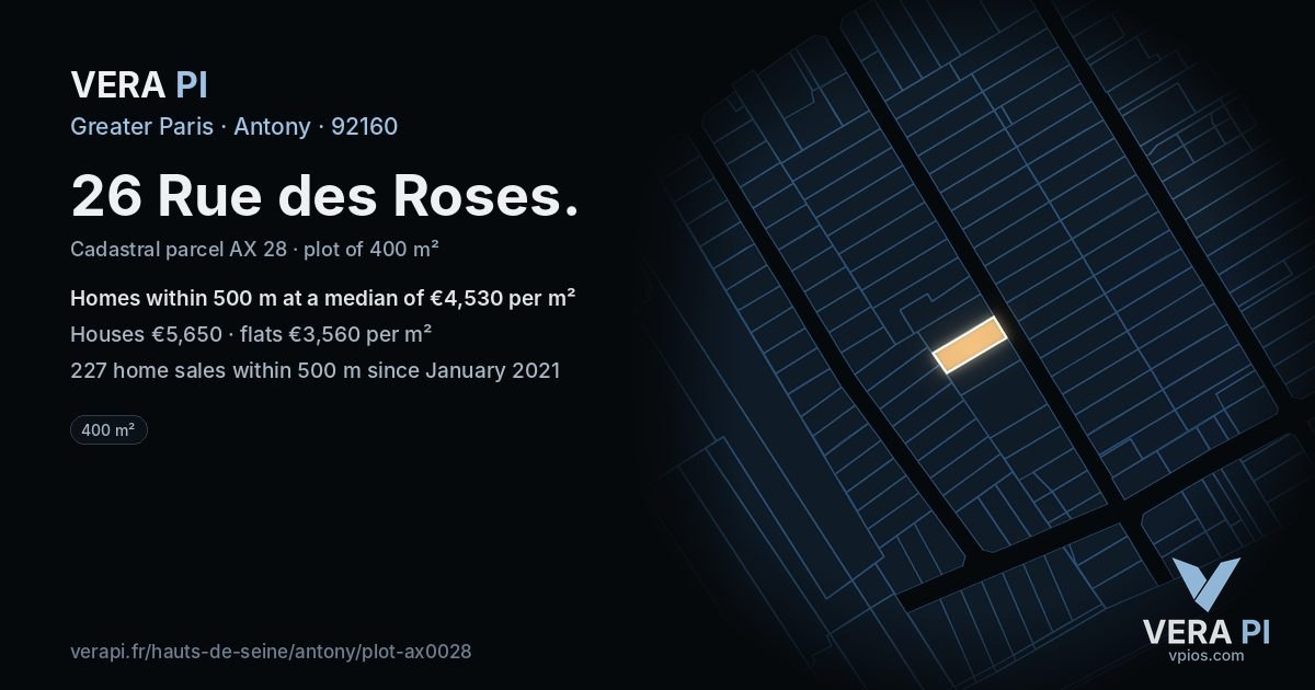 26 Rue des Roses, Antony at night – the plot lit, the parcels around coloured by the prices near them