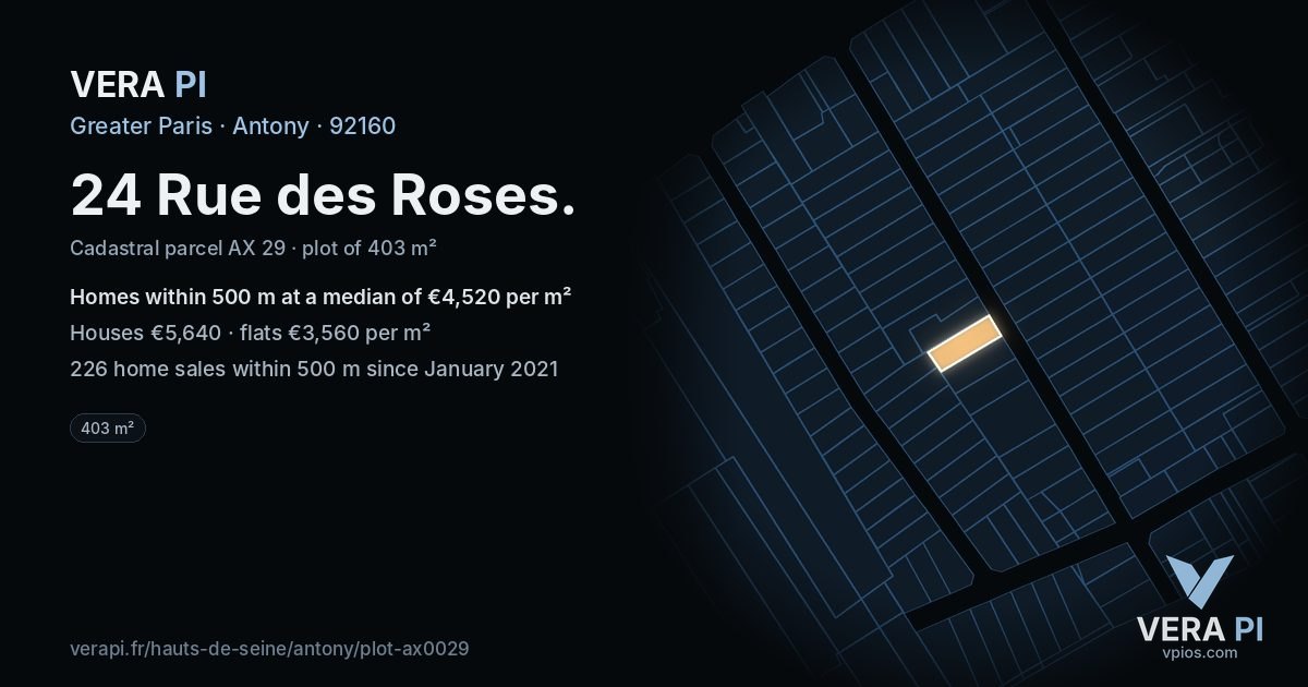 24 Rue des Roses, Antony at night – the plot lit, the parcels around coloured by the prices near them