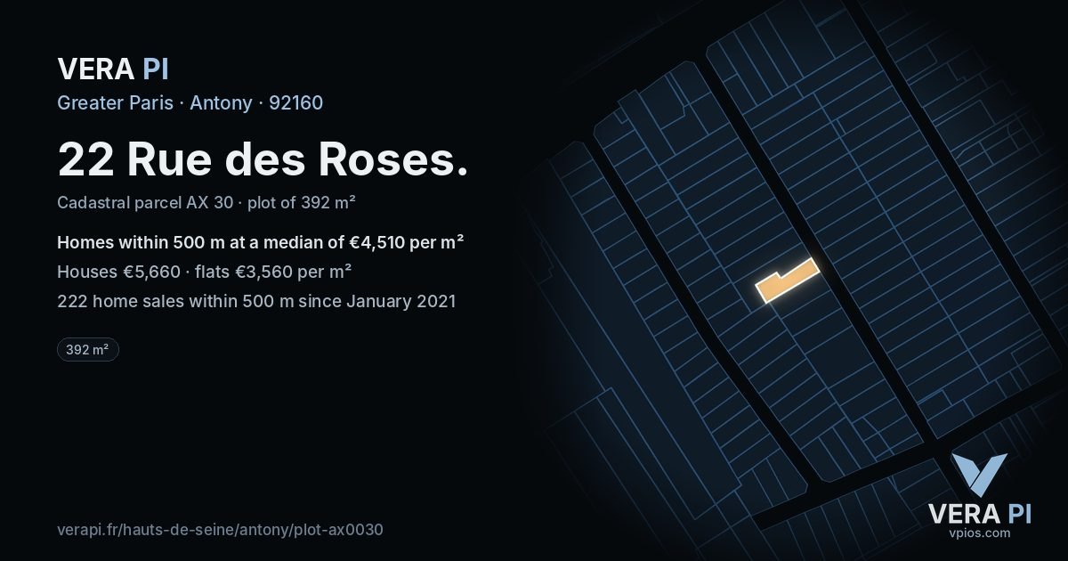 22 Rue des Roses, Antony at night – the plot lit, the parcels around coloured by the prices near them