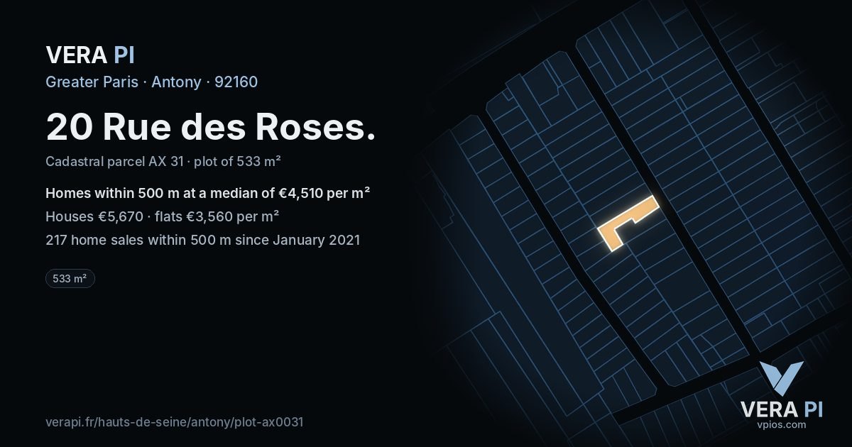 20 Rue des Roses, Antony at night – the plot lit, the parcels around coloured by the prices near them