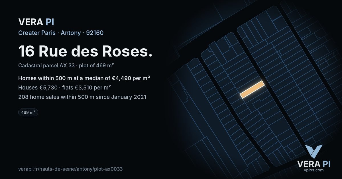 16 Rue des Roses, Antony at night – the plot lit, the parcels around coloured by the prices near them
