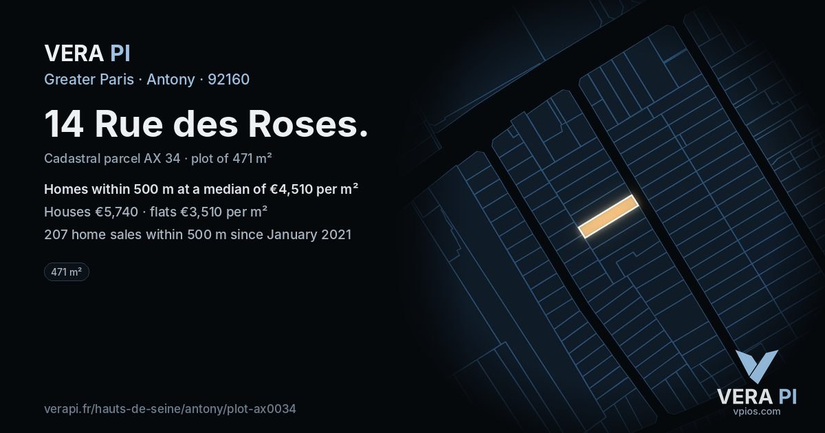 14 Rue des Roses, Antony at night – the plot lit, the parcels around coloured by the prices near them