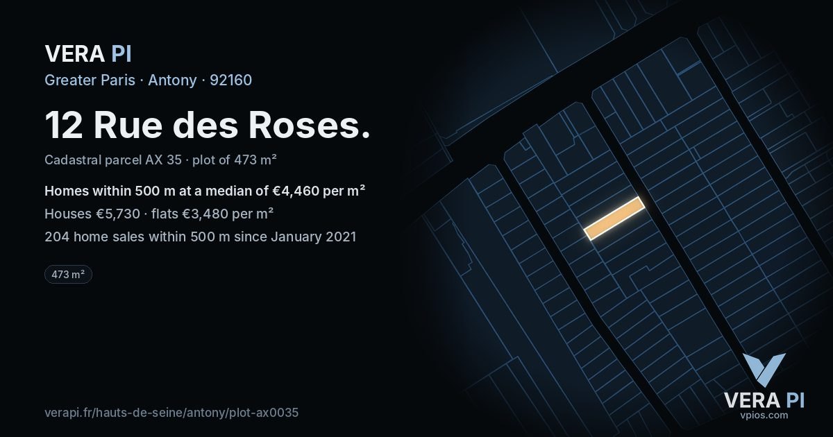 12 Rue des Roses, Antony at night – the plot lit, the parcels around coloured by the prices near them