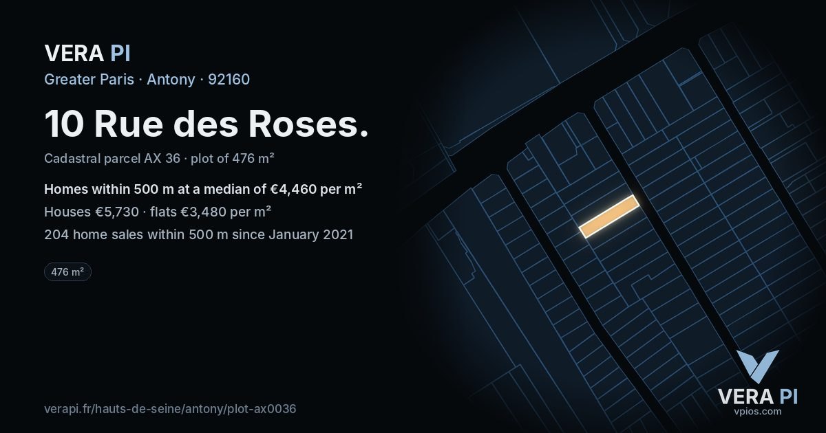 10 Rue des Roses, Antony at night – the plot lit, the parcels around coloured by the prices near them