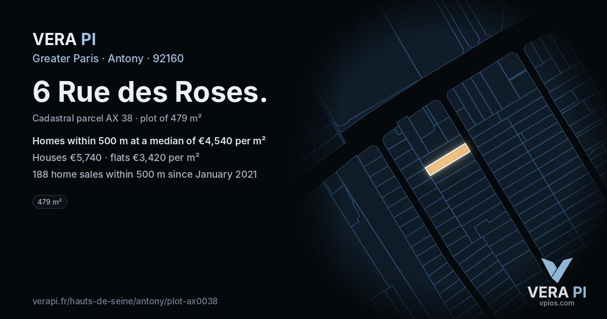 6 Rue des Roses, Antony at night – the plot lit, the parcels around coloured by the prices near them