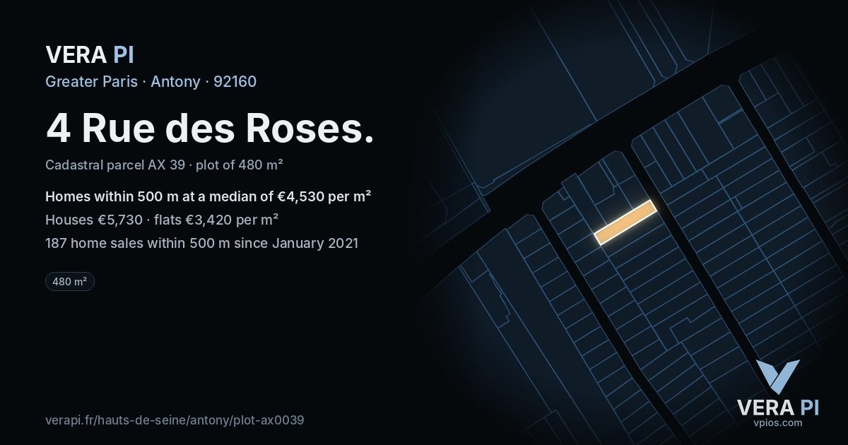 4 Rue des Roses, Antony at night – the plot lit, the parcels around coloured by the prices near them
