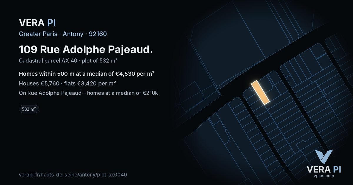 109 Rue Adolphe Pajeaud, Antony at night – the plot lit, the parcels around coloured by the prices near them