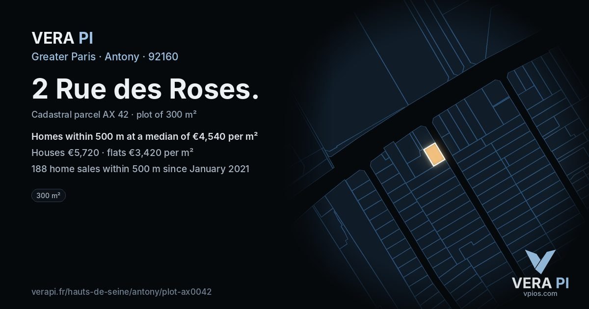 2 Rue des Roses, Antony at night – the plot lit, the parcels around coloured by the prices near them