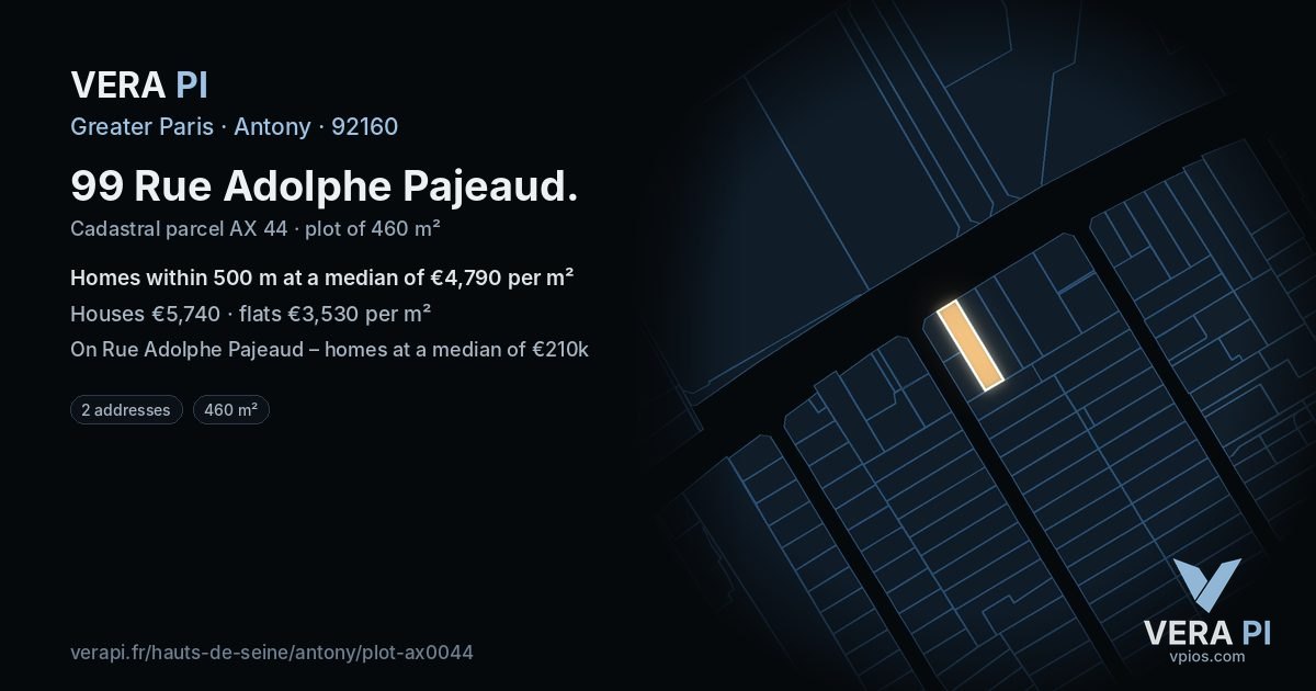 99 Rue Adolphe Pajeaud, Antony at night – the plot lit, the parcels around coloured by the prices near them
