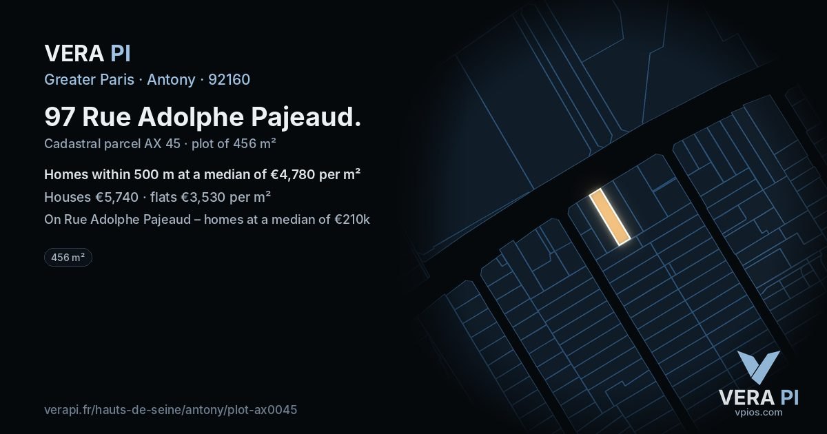 97 Rue Adolphe Pajeaud, Antony at night – the plot lit, the parcels around coloured by the prices near them