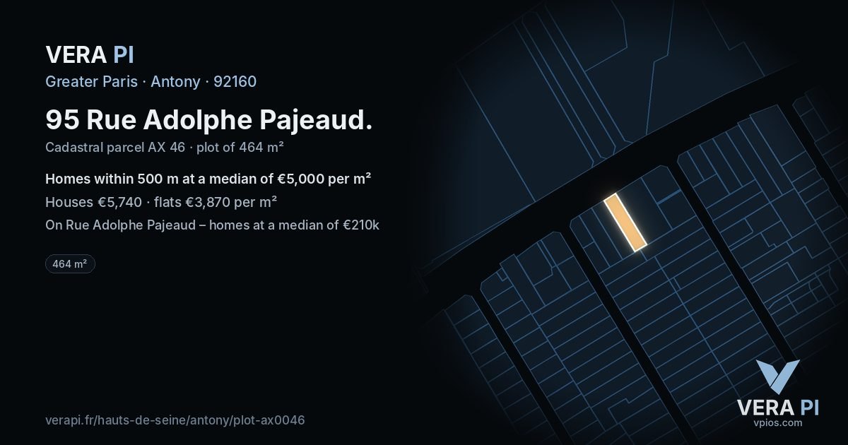 95 Rue Adolphe Pajeaud, Antony at night – the plot lit, the parcels around coloured by the prices near them