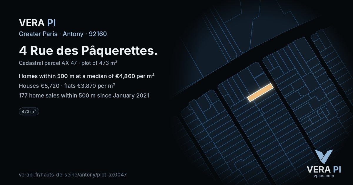 4 Rue des Pâquerettes, Antony at night – the plot lit, the parcels around coloured by the prices near them