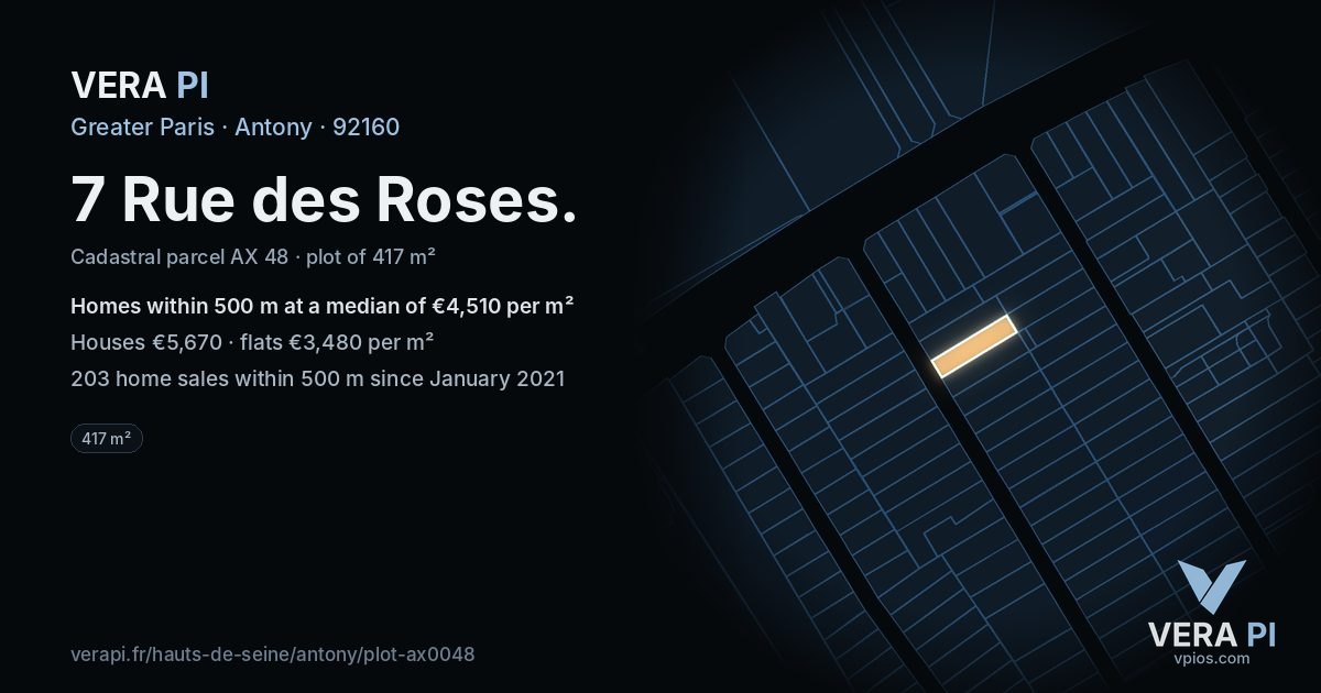 7 Rue des Roses, Antony at night – the plot lit, the parcels around coloured by the prices near them