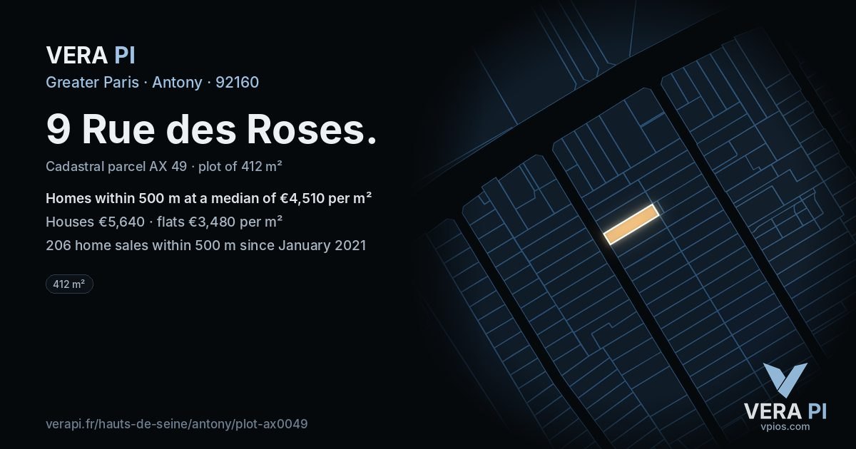 9 Rue des Roses, Antony at night – the plot lit, the parcels around coloured by the prices near them