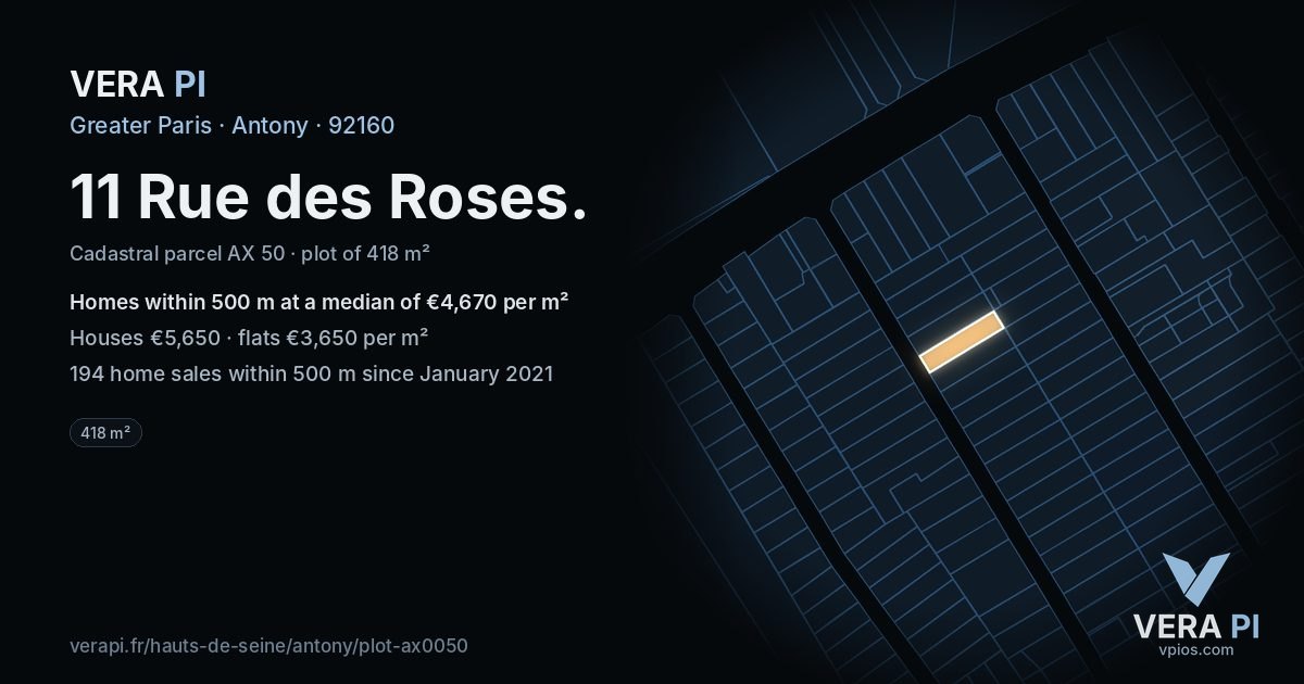 11 Rue des Roses, Antony at night – the plot lit, the parcels around coloured by the prices near them
