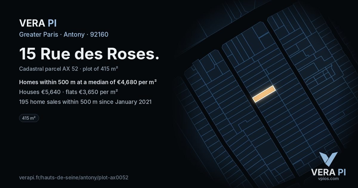 15 Rue des Roses, Antony at night – the plot lit, the parcels around coloured by the prices near them