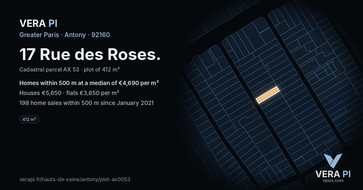 17 Rue des Roses, Antony at night – the plot lit, the parcels around coloured by the prices near them