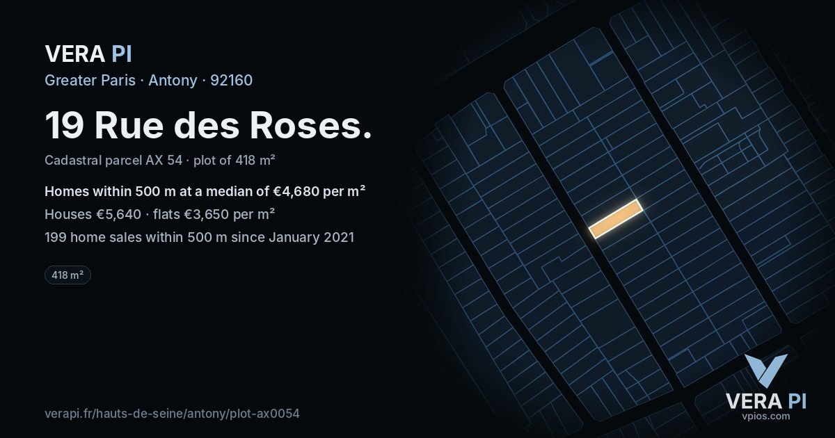 19 Rue des Roses, Antony at night – the plot lit, the parcels around coloured by the prices near them