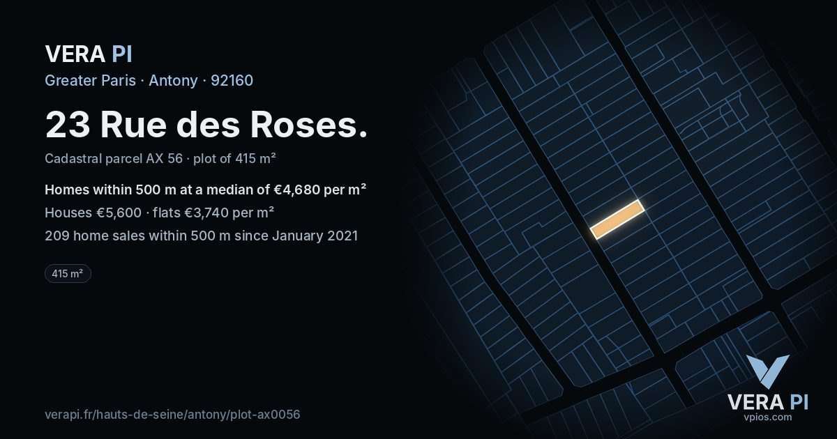 23 Rue des Roses, Antony at night – the plot lit, the parcels around coloured by the prices near them